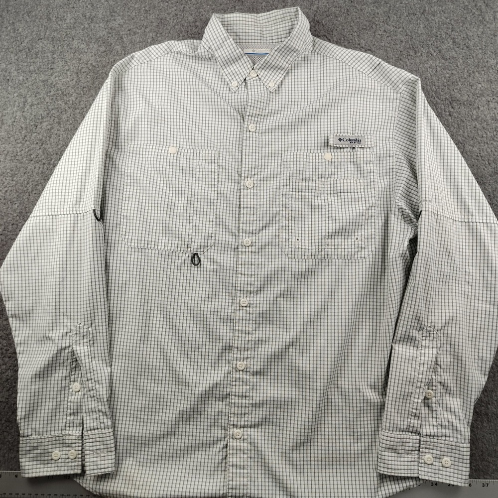 Columbia Shirt Mens Large Tamiami II White Green Plaid PFG Fishing EUC